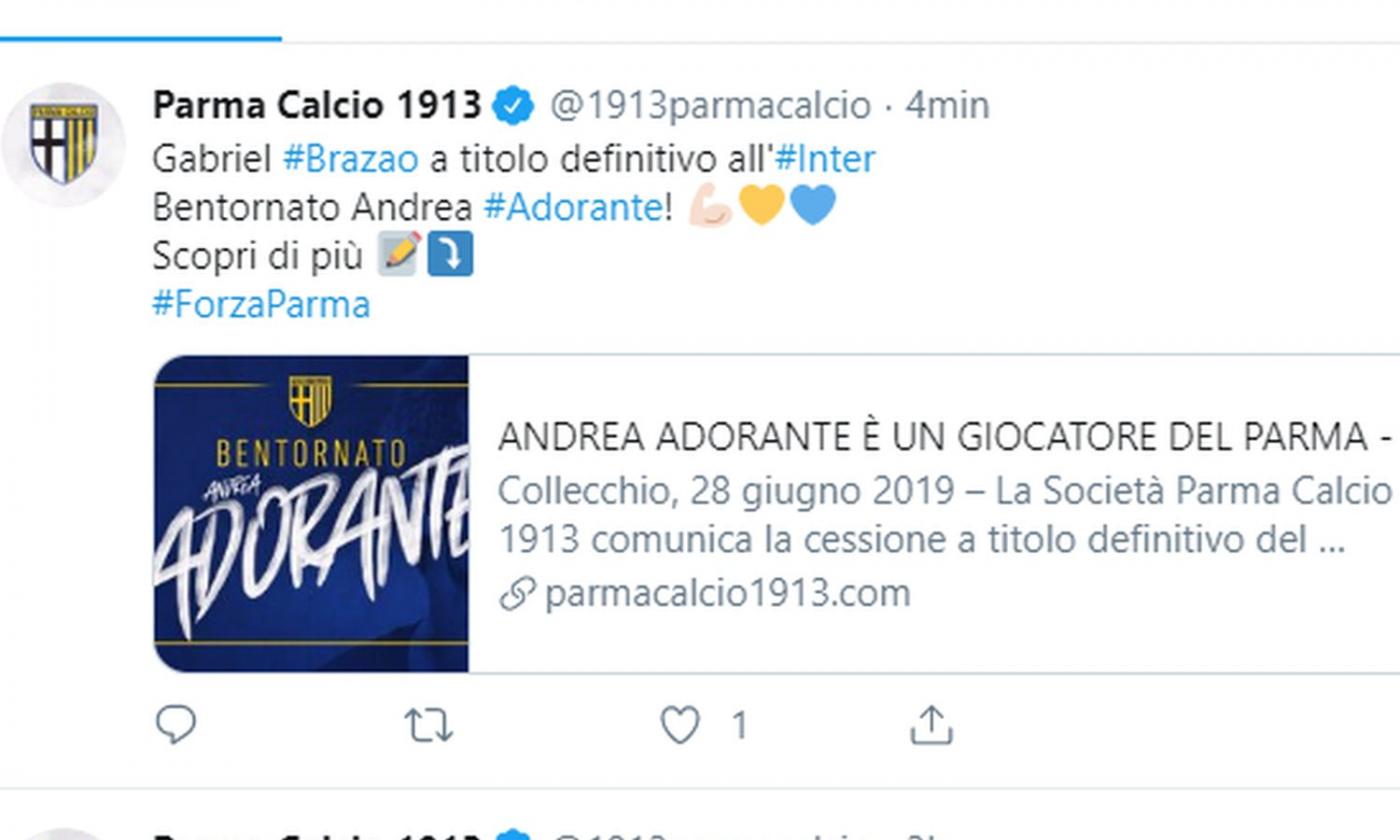 UFFICIALE, accordo Inter-Parma: Brazao in nerazzurro, Adorante in gialloblù