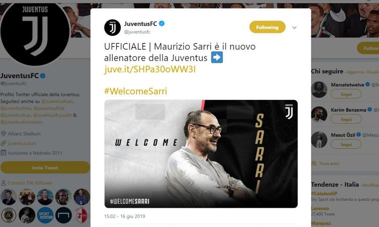 UFFICIALE: SARRI E' IL NUOVO ALLENATORE DELLA JUVENTUS