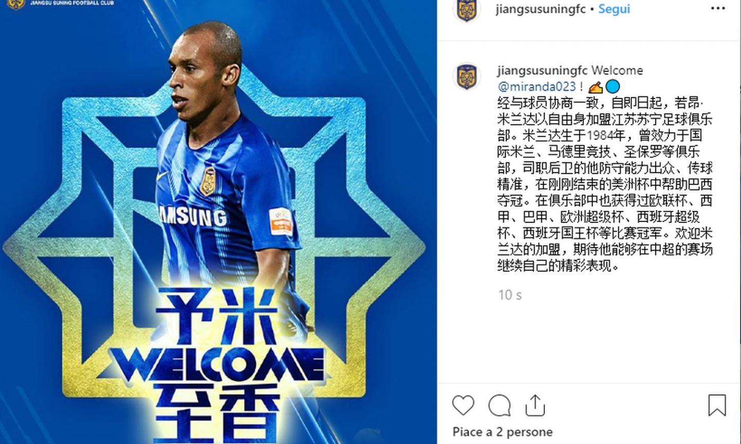 Inter, UFFICIALE l'addio di Miranda: è dello Jiangsu Suning