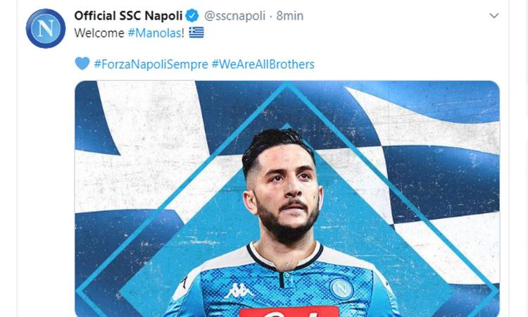 Napoli, Manolas è arrivato a Dimaro: l'abbraccio con Ancelotti e De Laurentiis
