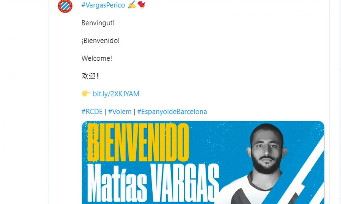 Espanyol, UFFICIALE: arriva Vargas. Clausola da 50 milioni 