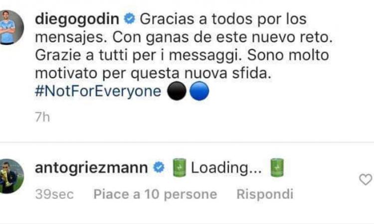 Griezmann commenta l'arrivo di Godin con 'loading' e i tifosi dell'Inter impazziscono FOTO