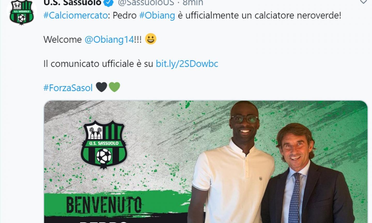 Sassuolo, Obiang si presenta: 'De Zerbi e Duncan decisivi per convincermi'