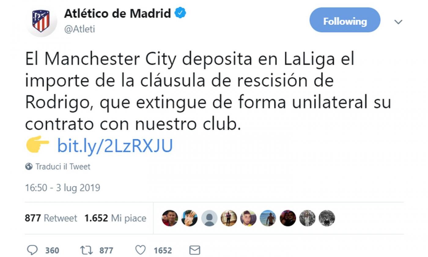 Atletico Madrid, UFFICIALE: il Manchester City paga la clausola da 70 milioni di Rodrigo