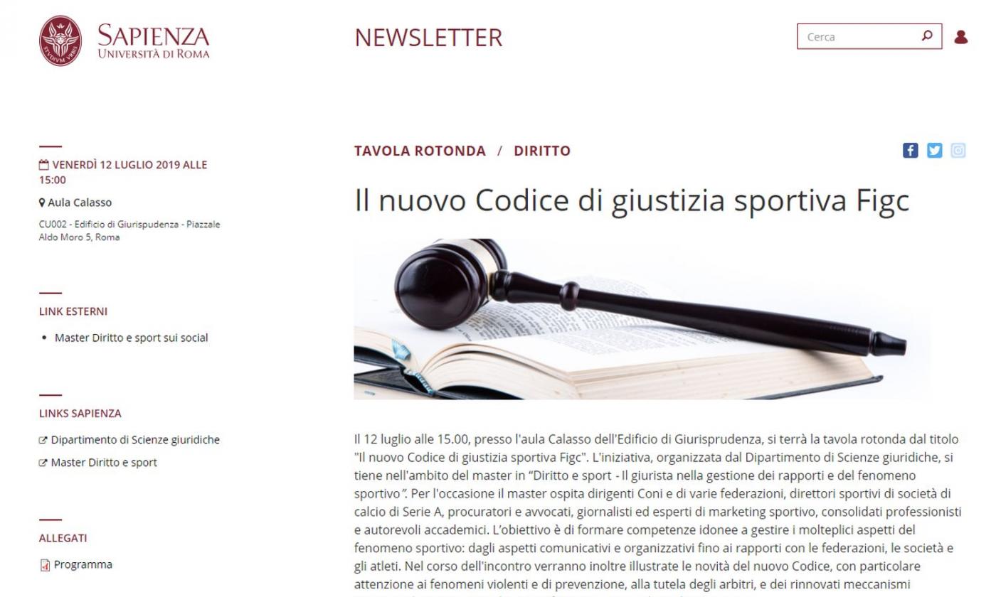 Domani alla Sapienza si parla del nuovo Codice di Giustizia Sportiva