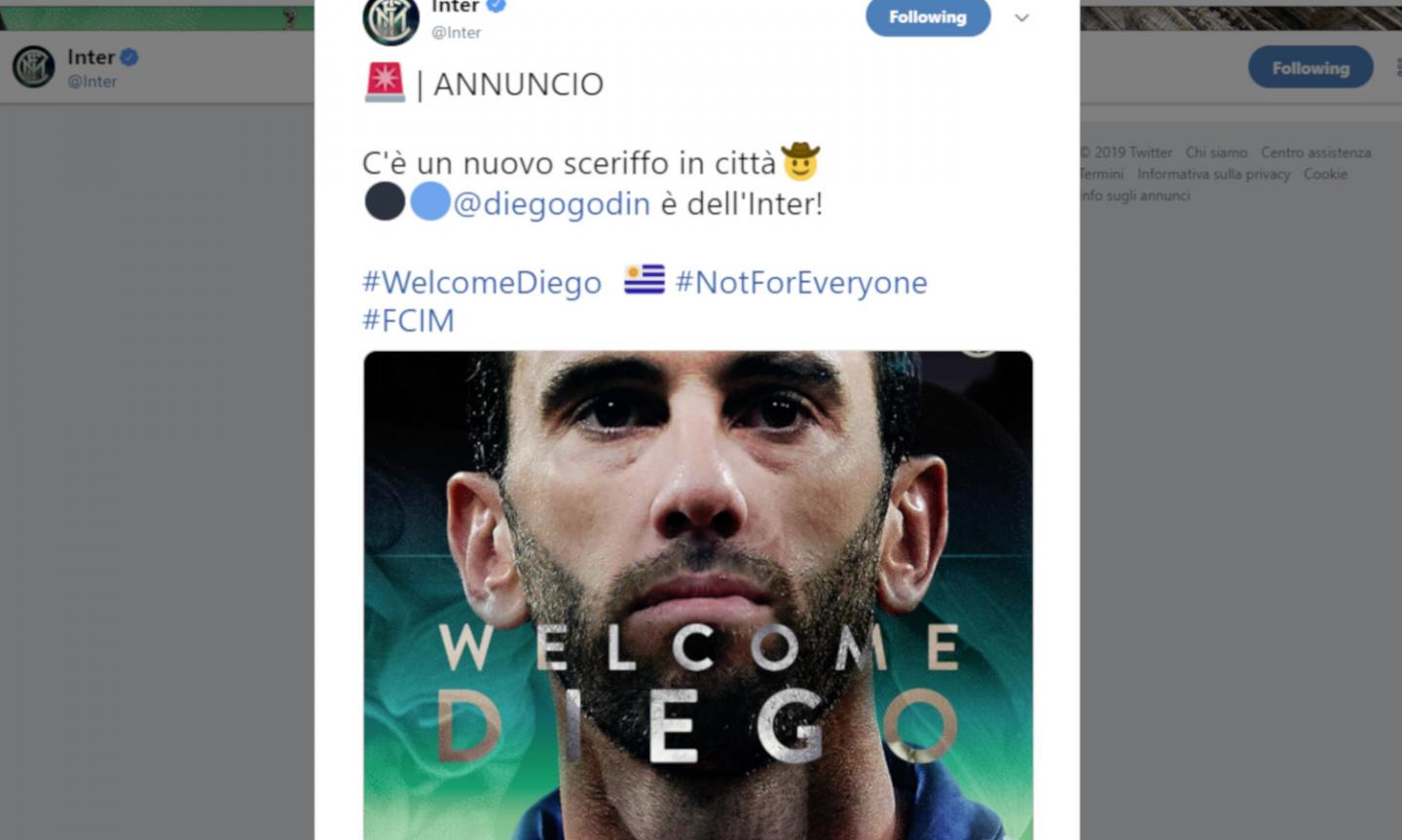 Official: Inter sign Godin from Atletico Madrid