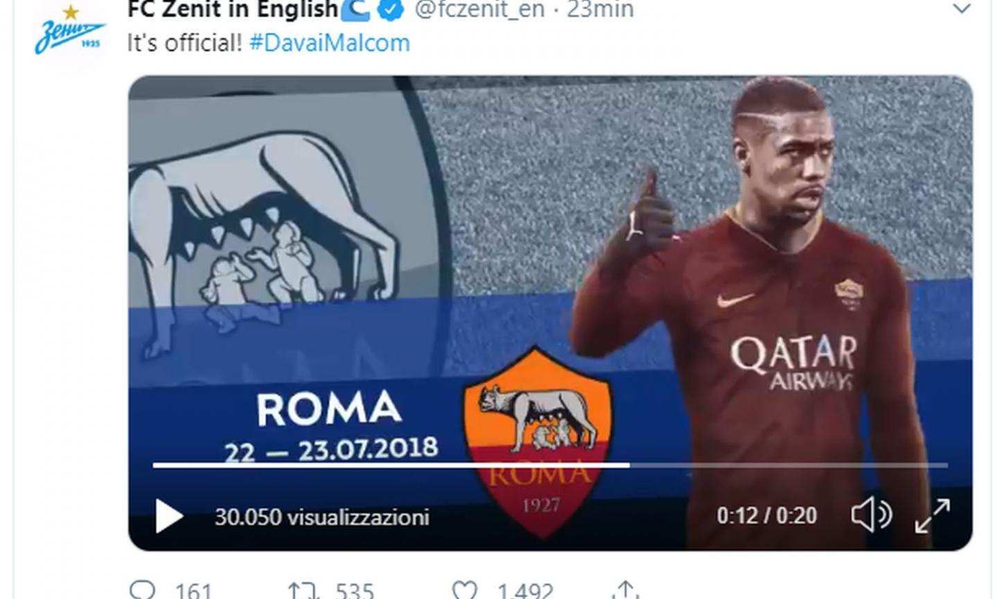 Zenit, sfottò alla Roma: giallorossi inseriti tra i club della carriera di Malcom VIDEO