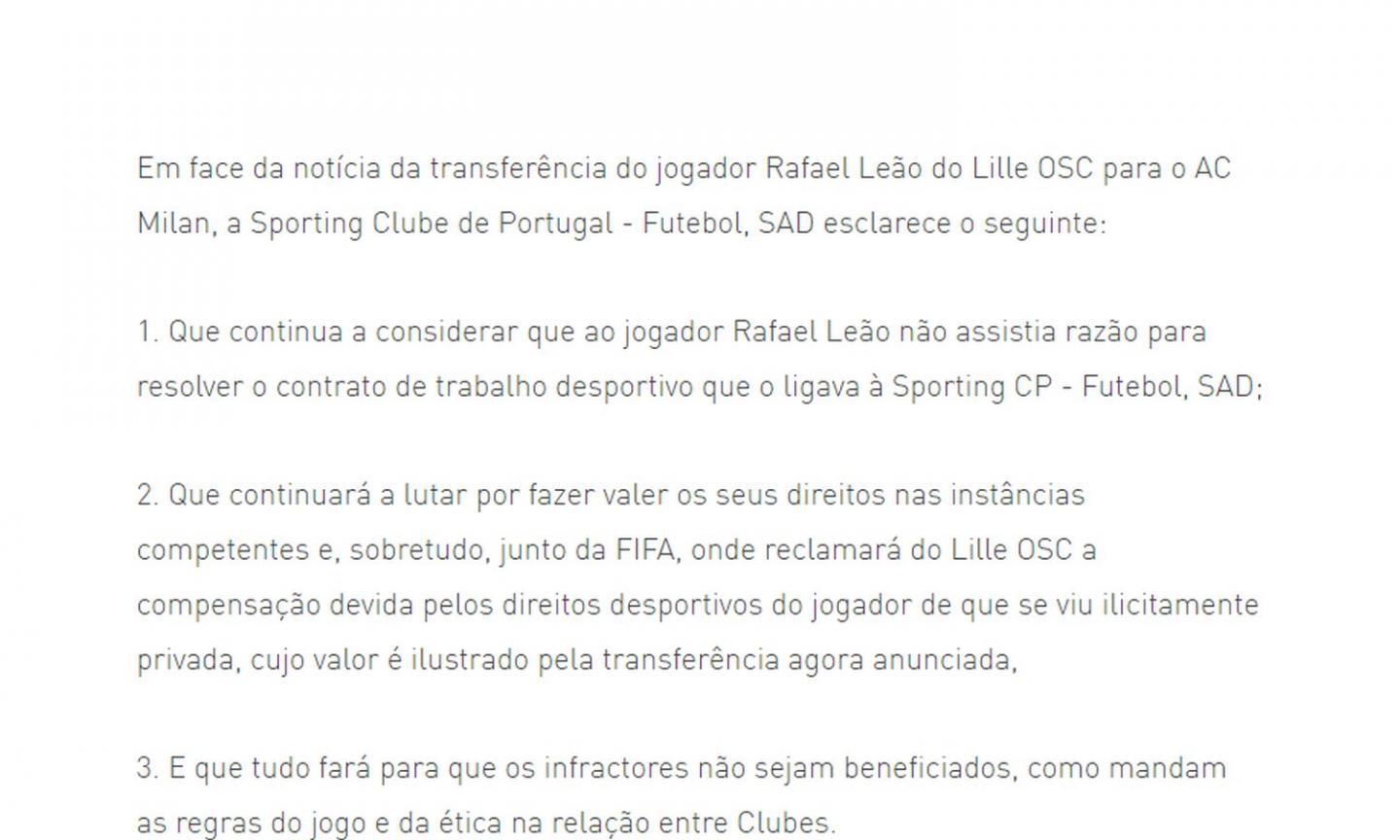 Milan, prima grana per Leao. Sporting Lisbona: 'Risolse il contratto con noi senza motivo, ci rivolgiamo alla Fifa'