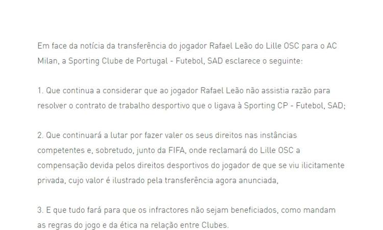 Milan, prima grana per Leao. Sporting Lisbona: 'Risolse il contratto con noi senza motivo, ci rivolgiamo alla Fifa'