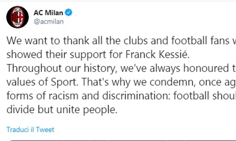 Milan: 'Grazie per il sostegno a Kessie, condanniamo ogni forza di razzismo'
