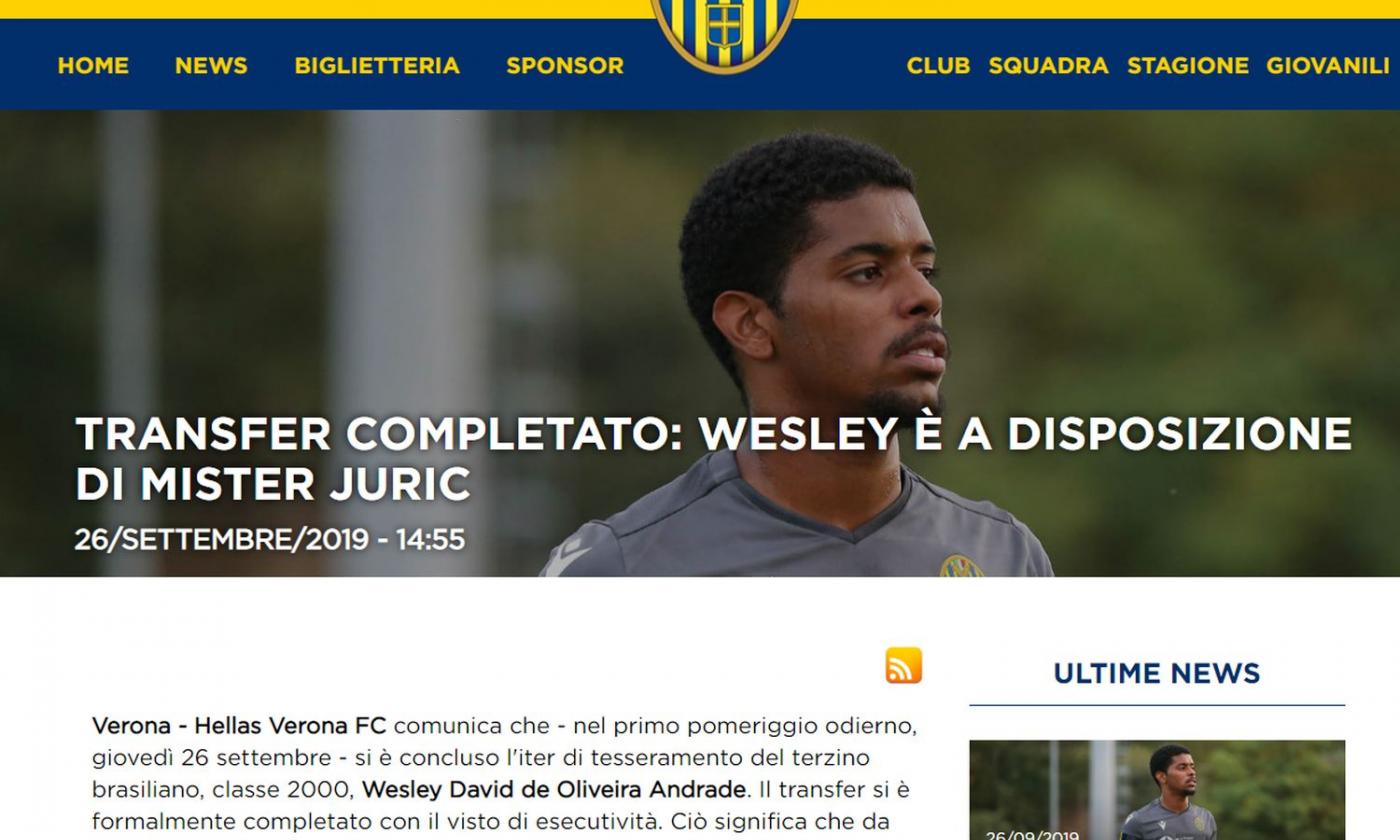 Official: Hellas Verona sign Wesley on a free transfer