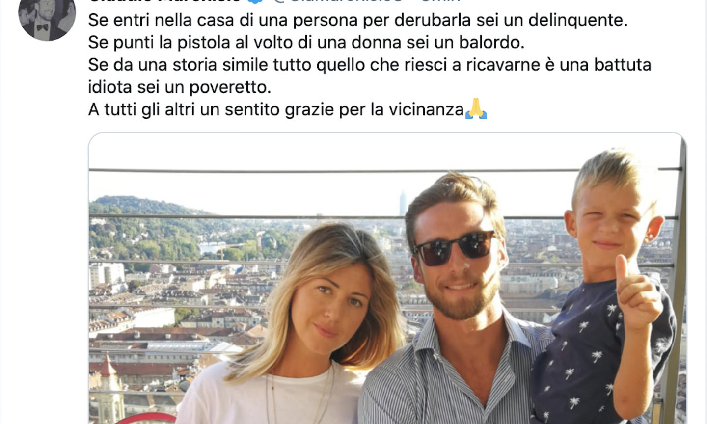 Marchisio dopo la rapina: 'Se punti una pistola al volto di una donna sei un balordo. Grazie a tutti per la vicinanza'