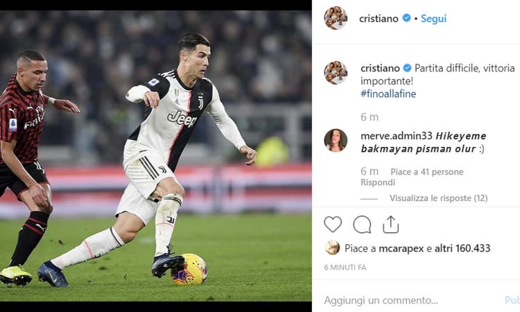 Cristiano Ronaldo, parole pro Juve: 'Partita difficile, vittoria importante! #finoallafine'