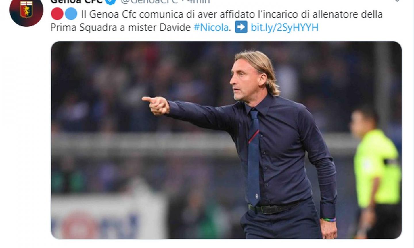 Genoa, OFFICIAL: Nicola new coach