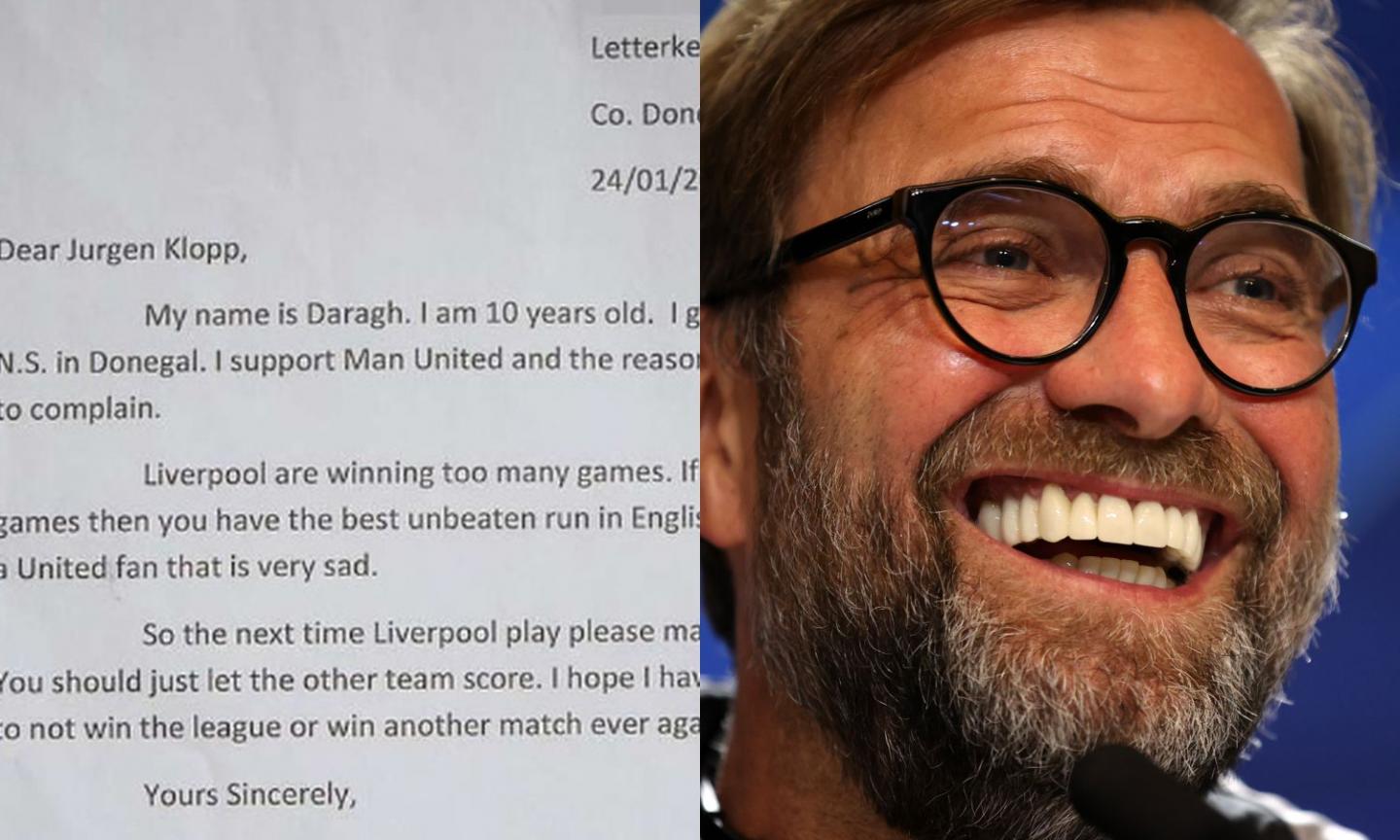 Giovane fan dello United scrive a Klopp: 'Fai perdere il Liverpool'. Lui risponde: 'La tua squadra è fortunata' VIDEO