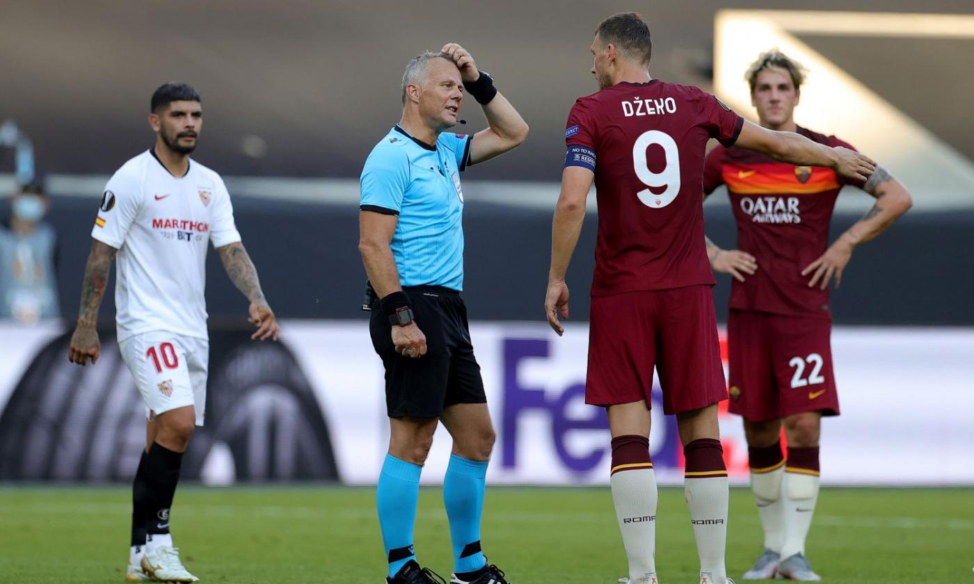 Siviglia-Roma, la MOVIOLA: fallo su Dzeko prima del raddoppio? Ci sta il rosso per Mancini