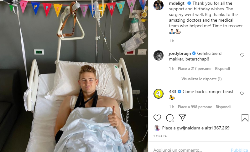 'Grazie per il supporto e gli auguri': il messaggio di De Ligt dall'ospedale