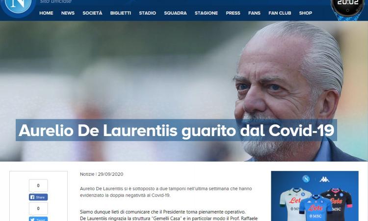 De Laurentiis è guarito dal Covid: doppio tampone negativo