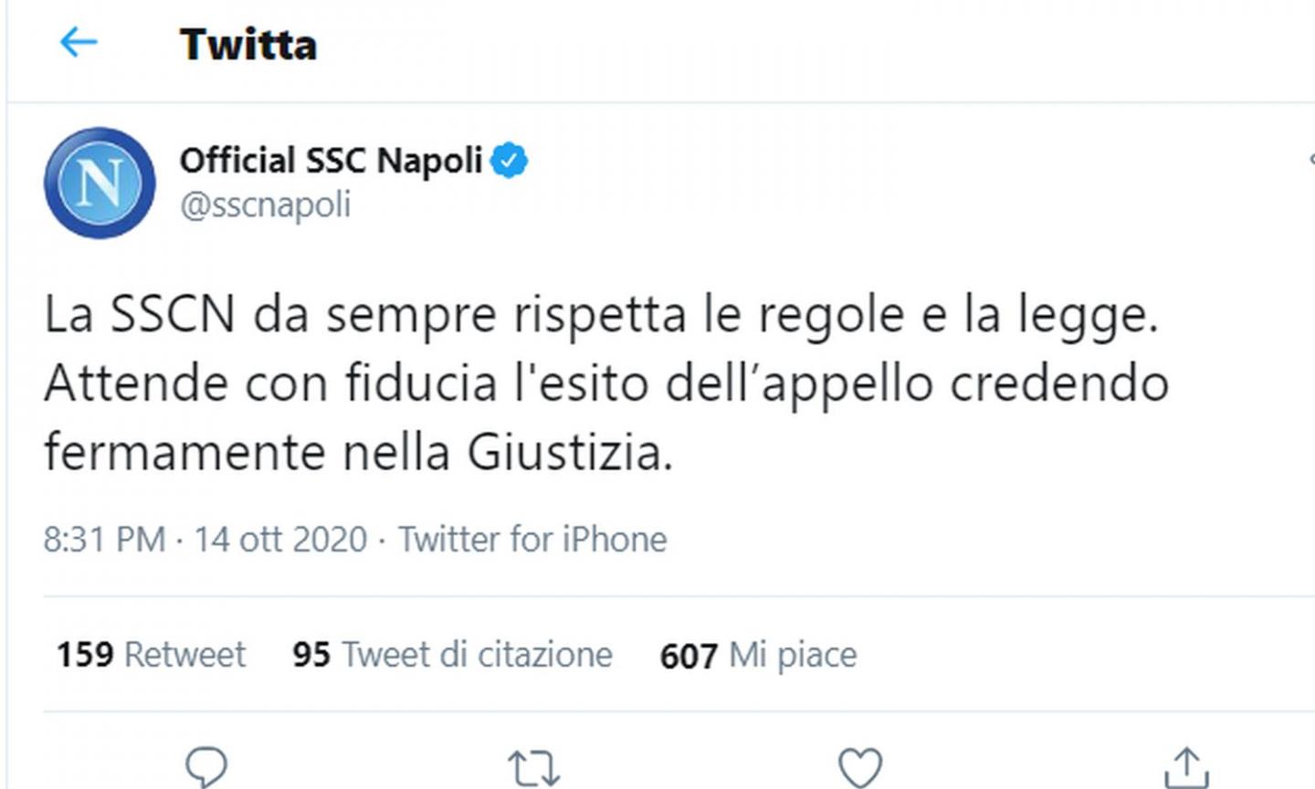 Napoli: 'Rispettiamo le regole e la legge, fiducia nella Giustizia'. La strategia e perché pensa di vincere