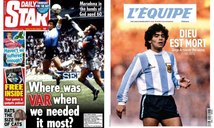 'Dio è morto', 'AD10S', 'Celeste', 'Nelle mani di Dio', 'Dov'era il Var quando ne avevamo bisogno?': le prime pagine dei giornali su Maradona