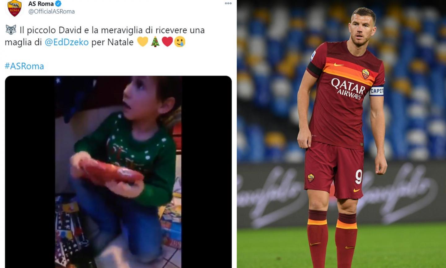 Roma, il piccolo David e la gioia per la maglia di Dzeko per Natale VIDEO