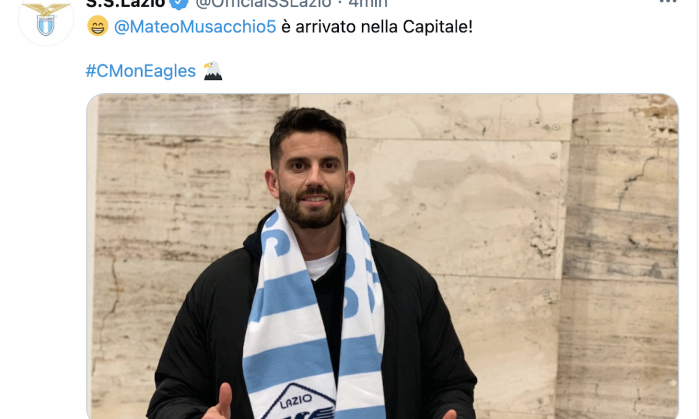 Lazio, Musacchio sbarca a Roma. Stamattina le visite mediche