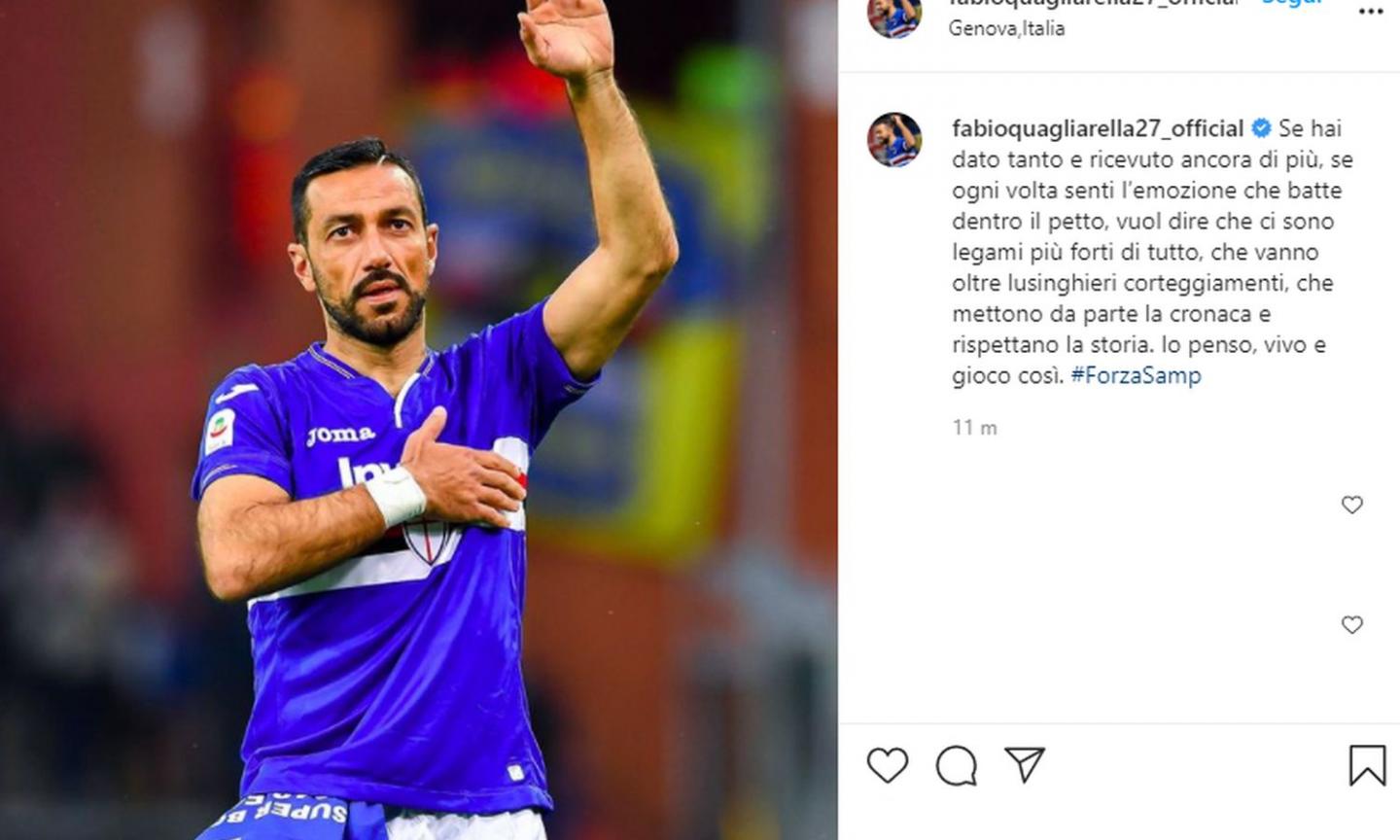 Quagliarella, parole al miele per la Samp: 'Ci sono legami più forti di ogni lusinghiero corteggiamento'