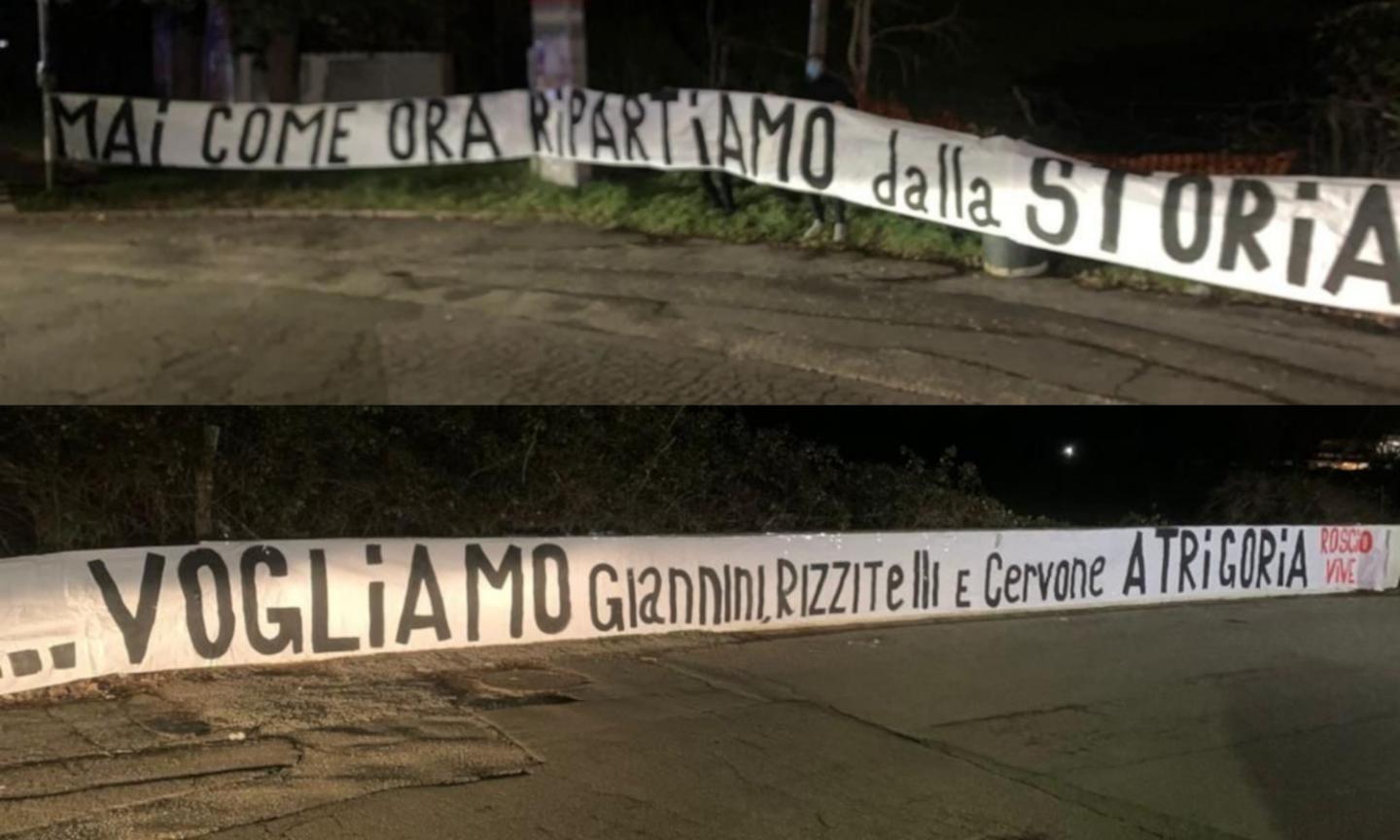 Roma, striscioni a Trigoria: 'Vogliamo Giannini, Cervone e Rizzitelli'  FOTO