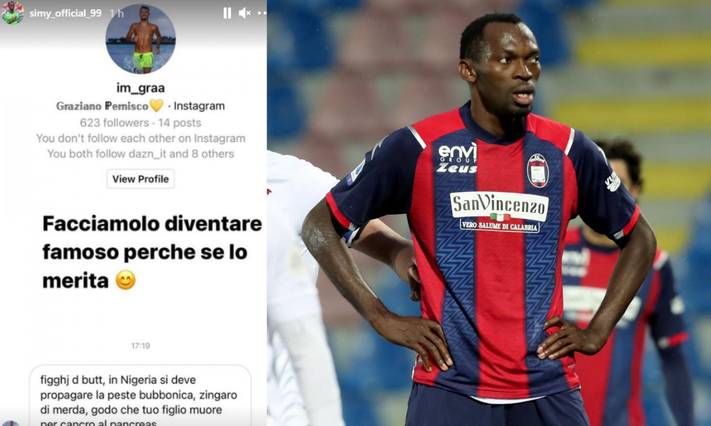 Crotone, Simy mostra gli insulti choc sui social: 'Spero nella peste, zingaro di m...a! Godo se tuo figlio muore di cancro'