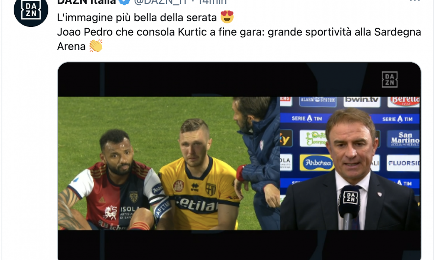 Il Parma si fa rimontare 3 gol dal Cagliari e perde: Kurtic in lacrime, Joao Pedro lo consola a fine partita FOTO