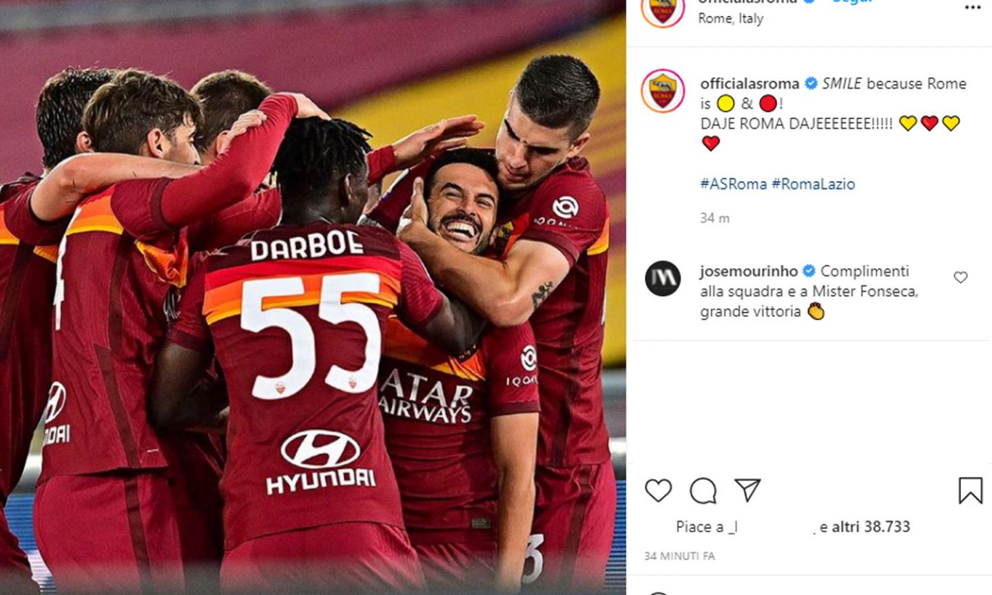 Roma, anche da Mourinho i complimenti per la vittoria nel derby FOTO