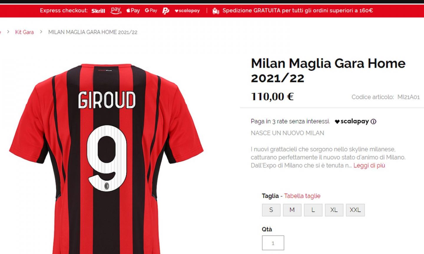 Giallo Giroud: il Milan mette in vendita la maglia numero 9 sullo store, poi la toglie