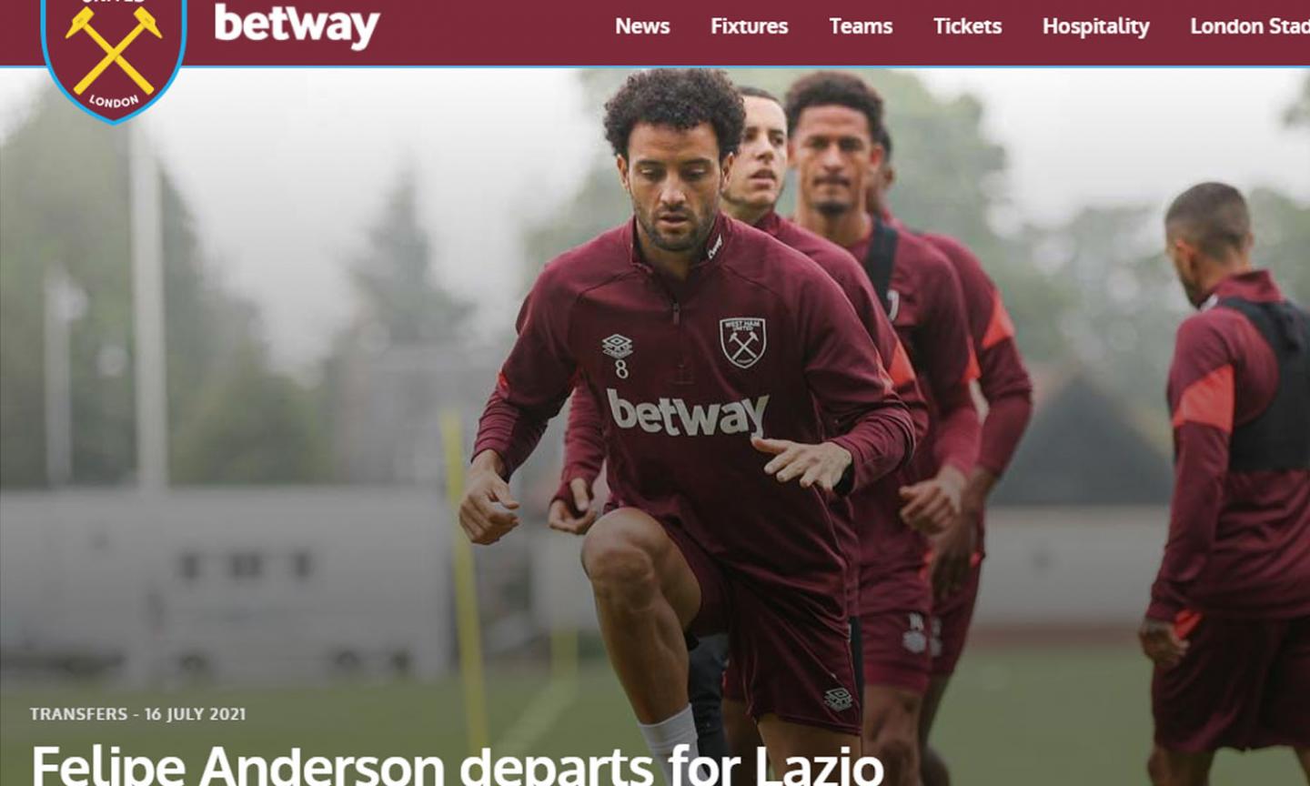 West Ham, UFFICIALE la cessione alla Lazio di Felipe Anderson. Ma non può ancora essere tesserato