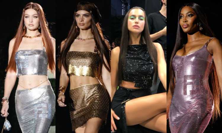 Che show per la segretissima sfilata Fendace. La fusion fra Fendi e Versace con Emily, Naomi, Irina e Gigi FOTO e VIDEO