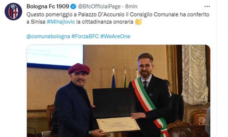 Mihajlovic è cittadino onorario di Bologna: 'Non abbiate paura a gestire i momenti difficili' VIDEO