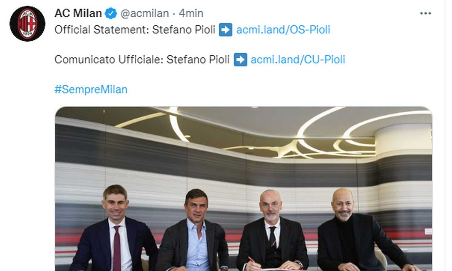 Milan, UFFICIALE: Pioli rinnova fino al 2023. Maldini: 'È il tecnico ideale'