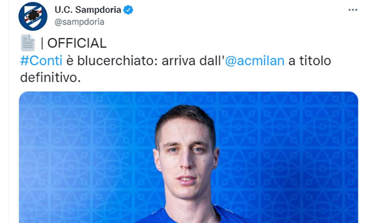 Sampdoria, Conti ieri non si è allenato: ha il raffreddore, gioca Bereszynski