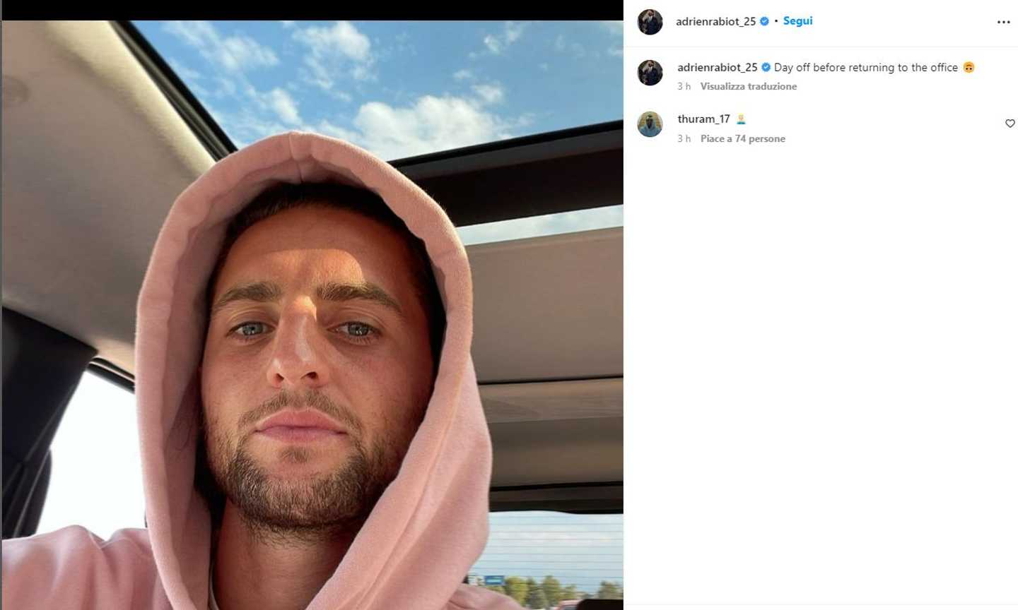 Juve, Rabiot sui social: 'Pronto a tornare in ufficio' FOTO