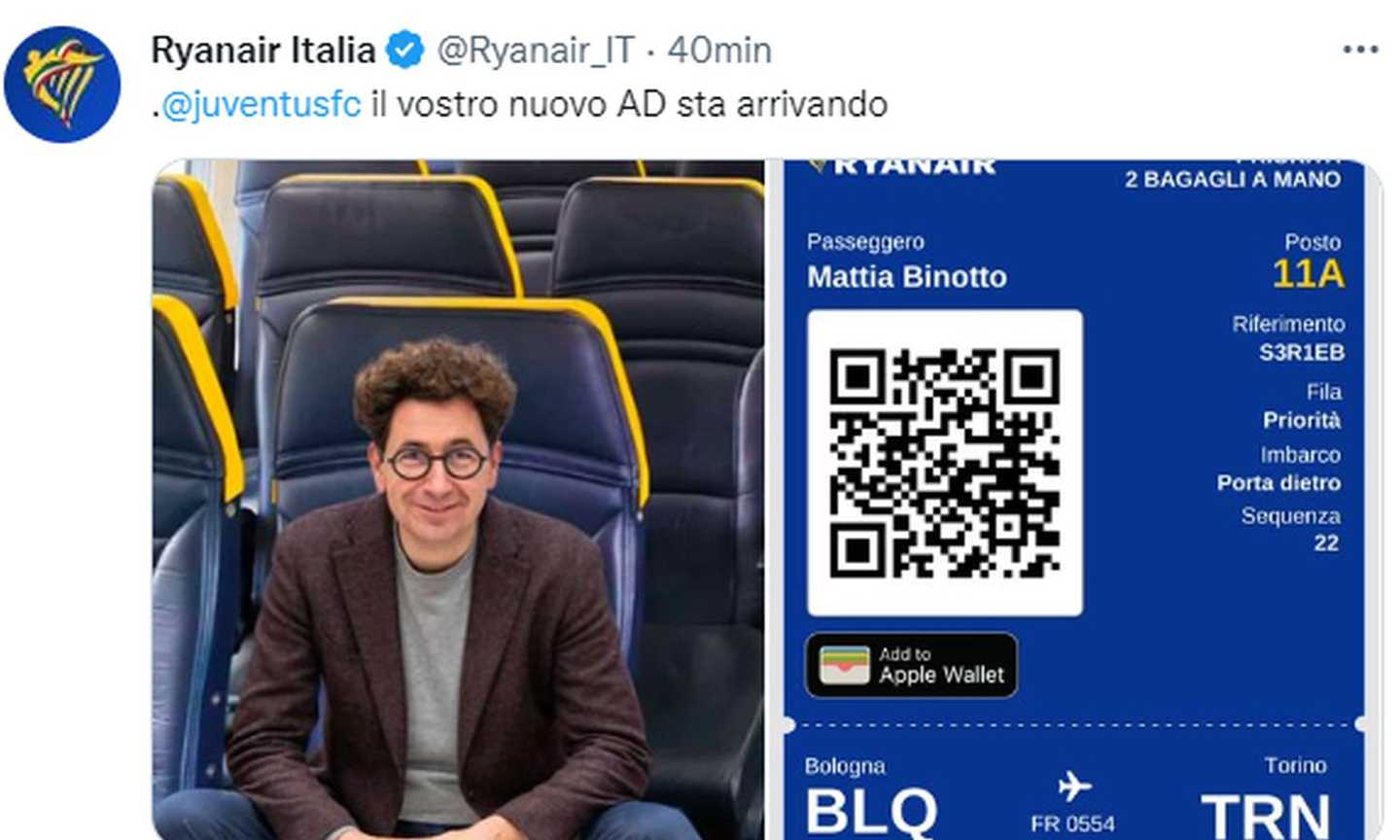 Caos Juve, Ryanair 'lancia' Binotto: 'Il vostro nuovo a.d. sta arrivando'