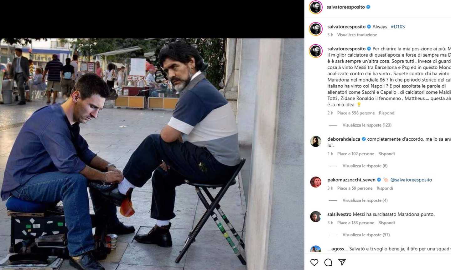 Salvatore Esposito posta una FOTO di Messi che pulisce le scarpe a Maradona: 'Diego è un'altra cosa'