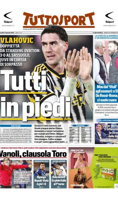 Prime pagine 17 gennaio: Juve in corsia di sorpasso. Ribalt-One Roma,  Dybala dietro a 2 punte. Milan-Napoli per Motta e Conte, Serie A