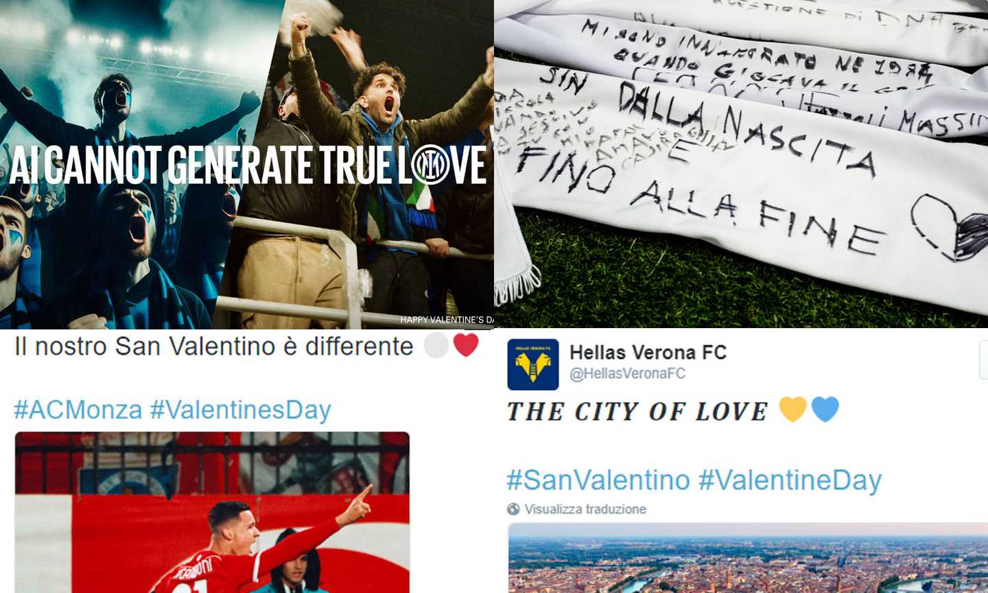 San Valentino in Serie A: dal 'Fino alla fine' della Juve al 'True Love, altro che AI' dell'Inter fino a Valentin...Carboni 