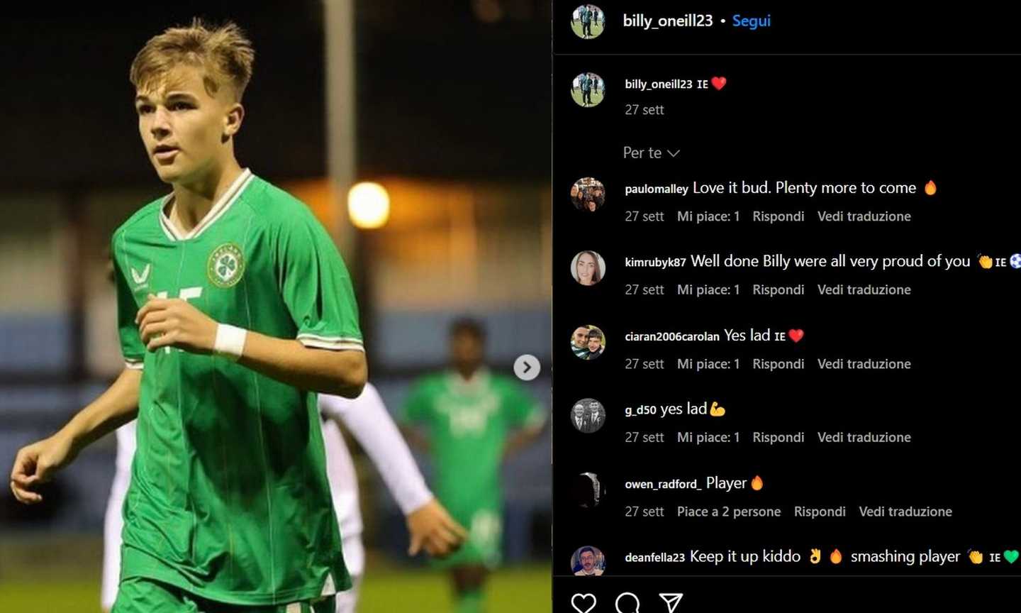 Chi è Billy O'Neill, il wonderkid irlandese nel mirino di Juventus e Lecce