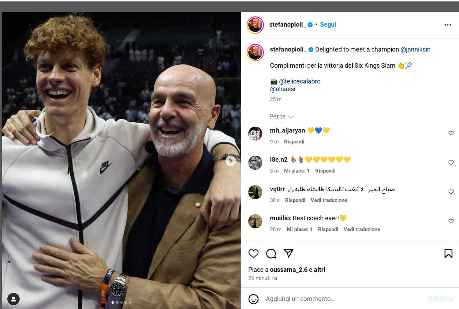 Ex Milan, Pioli festeggia con Sinner la vittoria del Six Kings Slam. E Bonaventura fa il "raccattapalle" VIDEO